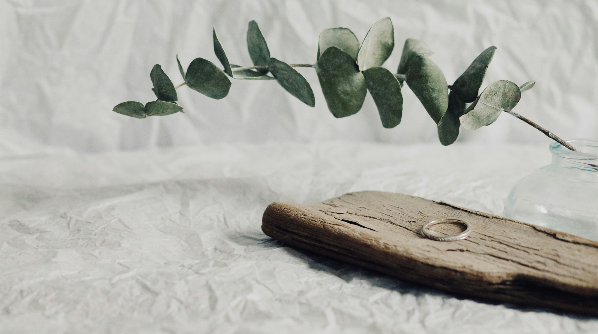 木の板の上に指輪脇からユーカリの葉